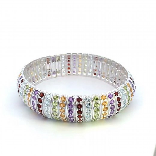 .925 Sterling Silver Multi Row Rainbow Gemstone Bangle Bracelet - 7.5" Inches