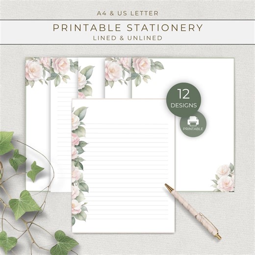 Camellia Floral Printable Writing Paper, Lined and Unlined Letter Writing Set for Snail Mail, Pen Pal Notes and Journaling - Etsy