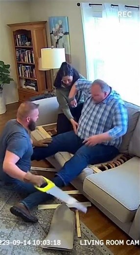 Smart AI Broken bed frame traps obese man. Calm rescue team removes metal parts and lifts mattress.