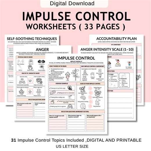 33 Impulse Control Worksheets | Emotional Regulation | Therapy Worksheets | Teens and Adults Therapy Tools - Etsy