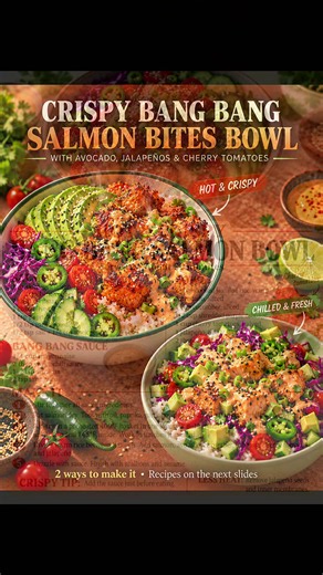 Crispy Bang Bang Salmon Bites Bowl 🔥🥑🌶️ Golden salmon bites, creamy avocado, juicy cherry tomatoes, fresh jalapeños, crunchy cucumber, and purple cabbage over jasmine rice—all finished with sweet-and-spicy bang bang sauce, scallions, and sesame seeds! 🔥 HOT & CRISPY: Serve freshly cooked salmon over warm rice. Drizzle with sauce just before eating to keep the bites crisp. 🥑 CHILLED & FRESH: Enjoy fully cooked, chilled salmon and rice with all the fresh toppings. Add avocado and sauce just b