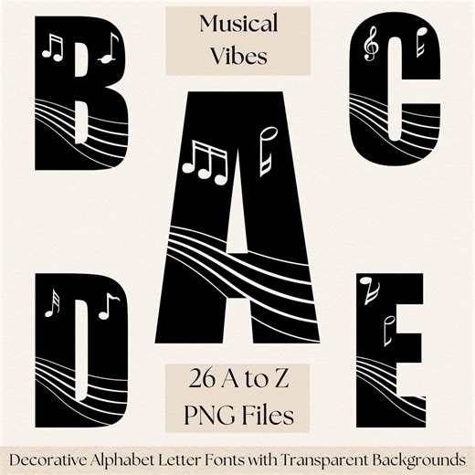 Musical Alphabet Letters PNG – Music Theme A–Z Clipart, Transparent Background Decorative Font for Logos, Classroom & Crafts - Etsy UK