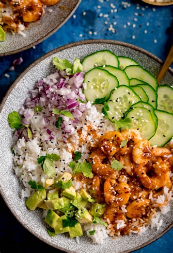 Honey Garlic Prawn Rice Bowls Recipe