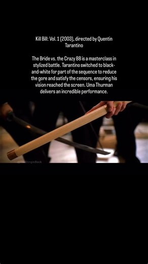 History of Cinema on Instagram: "Kill Bill: Vol. 1 (2003), directed by Quentin Tarantino The Bride vs. the Crazy 88 is a masterclass in stylized battle. Tarantino switched to black-and-white for part of the sequence to reduce the gore and satisfy the censors, ensuring his vision reached the screen. Uma Thurman delivers an incredible performance."