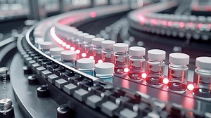 A sophisticated camera system scans individual vials of medication as they p through a production line ensuring quality control and adherence to strict pharmaceutical standards.