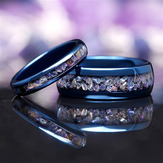 Celestial Blue Moonstone Couples Wedding Band Set - Tungsten Ring Set Inspired by the Veil Nebula - Etsy