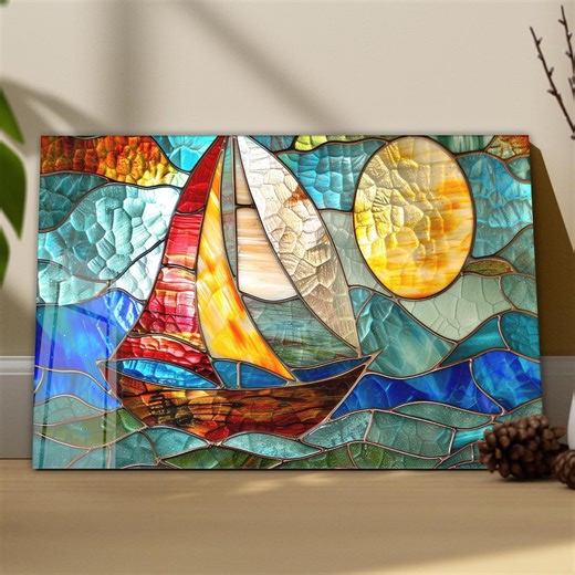 Stained Glass Style Sailboat, Colorful Nautical Coastal Decor - Etsy