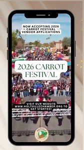 Ready to join the fun? 🎡✨ The Carrot Festival is one of the most exciting weekends in the Valley, Big crowds. High visibility. A whole weekend of community fun! and we’re now accepting vendor applications! Grab the printable PDF form on our website at www.holtvillechamber.org or stop by the Chamber office at 📍101 W. 5th Street and sign up in person. For more Information call: 760.356.2923 Let’s get your booth on the map! | Holtville Chamber of Commerce