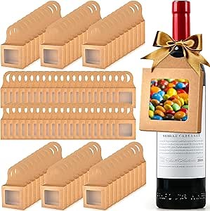 100 PCS Kraft Paper Wine Bottle Boxes with Transparent Window Hanger Foldable Wine Bottle Empty Gift Boxes with Hanger for Valentines Christmas Candy Truffles Chocolate Cookies Packing, Kraft