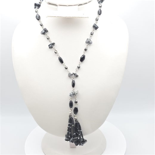 Vtg LC LAUREN CONRAD Tassel Necklace Grey Obsidian Agate Bead 20" Free Hipping! - Etsy