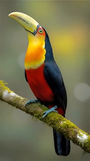 🌿 The Stunning Beauty of the Red-breasted Toucan ❤️ ✨ The Red-breasted Toucan is a small toucan species known for its red belly, yellow-orange breast, and greenish bill, earning it the nickname "Green-billed Toucan". Native to the Atlantic Forest of South America (Brazil, Paraguay, Argentina, Bolivia), it's a fruit-eating bird that plays a key role in seed dispersal, though it also preys on eggs and nestlings of other birds. It is the smallest toucan in the Ramphastos genus, with a mostly black