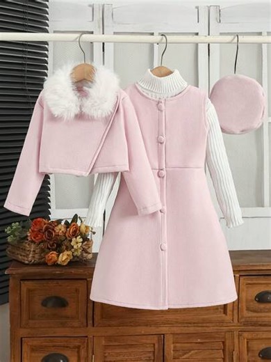 3pcs/Set Pink Ice Cream Print Dress + Shirt Collar Jacket + Hat For 4-7 Years Old Girls, Comfortable Sporty Style For Autumn; 3pcs/Set Ice Cream Pink Long Sleeve Jacket + Dress + Hat For Girls, Casual Outfit For Spring, Summer, Autumn; Ice Cream Pink Cape Shirt Collar Jacket + Girls Winter Dress + Ice Cream Pink Children Hat, Suitable For Daily Wear, School, Outdoor, Gift For Girls, Eid Mubarak Outfit | SHEIN