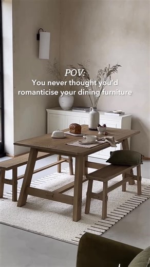 Dunelm on Instagram: "Valentine’s Day tomorrow? Cue a romantic dinner for two (me and my dining table) ​ ​Start a love affair with your furniture with our Enola dining range ❤️​ #TheHomeofHomes​ [Video description: a wooden dining table with matching benches, including close‑up shots highlighting the material details.] ​ Product featured: Enola 6-8 Seater Rectangular Extending Dining Table, Rustic Oak - £799 Enola Large Dining Bench, Rustic Oak - £229 Plaited Wool Border Rug - From £65"