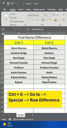 Find Name Difference between two columns | Excel Shorts | Excel tricks