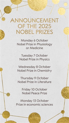 Who will be awarded the Nobel Prize this year? Stay tuned because in just two weeks we will reveal this year's laureates! Save the date (and this reel) so you can keep track of the 2025 Nobel Prize announcements. #NobelPrize | Nobel Prize