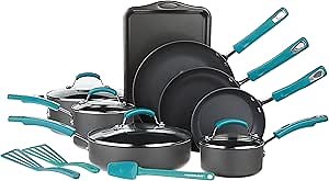 Rachael Ray Classic Brights Hard Anodized Nonstick Cookware Pots and Pans Set, 15 Piece - Agave Blue