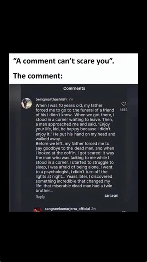 Johnny Bravo Explains Memes on Instagram: "Hey everyone, Johnny here to explain. This meme plays on the idea that “a comment can’t scare you,” but then presents a chilling story in the comments that proves otherwise. In the comment, the writer recounts attending a funeral as a child, where a man speaks to them kindly before disappearing. When the child looks at the corpse, they realize it’s the same man who just spoke to them—implying a ghost encounter. The story builds eerie tension until the f