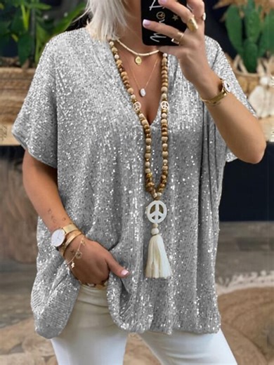 Women's Blouse Sequin Tops Plain Elegant Vintage Stylish Short Sleeve V Neck Regular Tops Daily Holiday Going out Sequins Glitter Silver Pink Gold Spring Fall Winter 2025 - $27.99