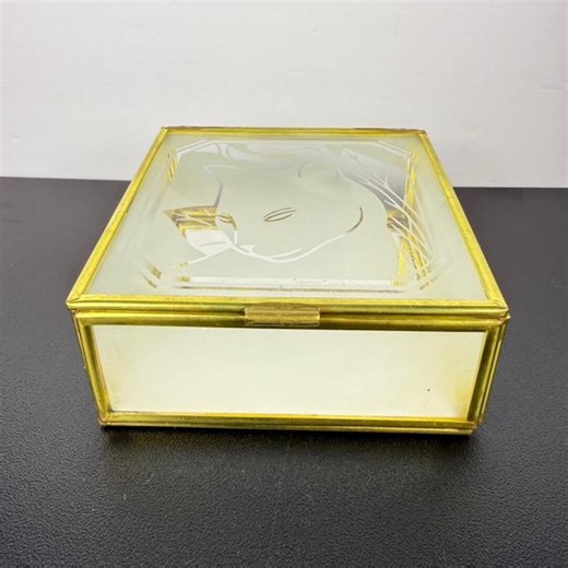 Vintage Brass & Glass Cat Jewelry Box Etched Lid Mirrored Trinket Display Box 3.5" Taiwan - Etsy