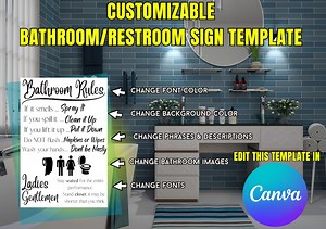 Bathroom | Restroom Rules SIGN for Guest - Editable - DIGITAL Customizable CANVA Template - Etsy