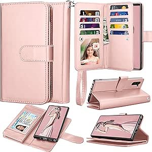 Takfox for Samsung Note 10 Plus Case Wallet, for Galaxy Note 10+ Plus 5G Phone Case PU Leather w 9 ID Credit Card Holder Slots Folio Flip Magnetic Detachable Hard Case & [Wrist Strap]-Rose Gold