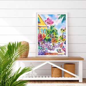 Key West Cottage Watercolor Art, Colorful Florida Bicycle Wall Art, Key West Rooster Canvas Art, Tropical Chicken Art Print - Etsy