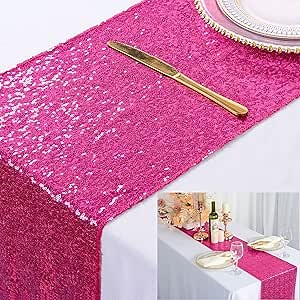 ShiDianYi Hot Pink Sequin Table Runner - Fuchsia, 12'x72' Fall & Christmas Table Overlay for Rustic Banquet Tables & Party Dining