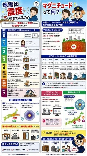 震度は各地の揺れの強さ、マグニチュードは地震そのものの規模です。違いを知って防災に役立てましょう。#地震 #震度 #マグニチュード #防災