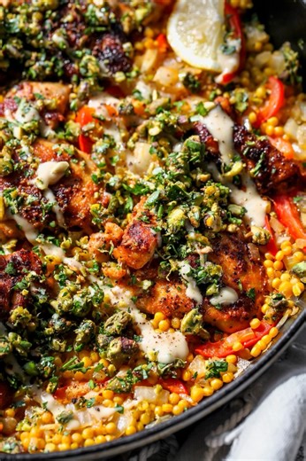One Pan Mediterranean Chicken and Couscous with Pistachio Gremolata and Tahini-Honey Drizzle. https://dishingouthealth.com/mediterranean-chicken-and-couscous/ | Dishing Out Health