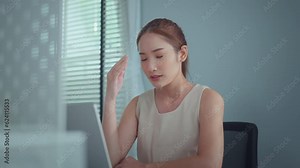 Stress, Serious asian woman frustrated with work sitting in front of a laptop. Mental health, headache or depressed corporate worker with frustrated fail or bad error
