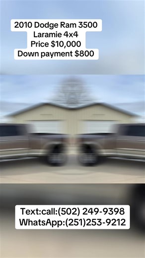 2010 Dodge Ram 3500 Laramie 4x4 Price $10,000 Down payment $800 6.7L Cummins Diesel 190K Miles Deleted S&B Intake Colormatched Front Bumper Replacement LED Head Lights B&W Gooseneck Hitch Leather, Heated, Cooled Seats Sunroof, Rear Entertainment Sliding Back Glass Navigation, Back Up Camera Tinted Windows Very Nice Truck Inside & Out Runs, Drives, Shifts Excellent Everything Works Great Clean Title, Clean CARFAX No Issues Steering Wheel Shows Wear