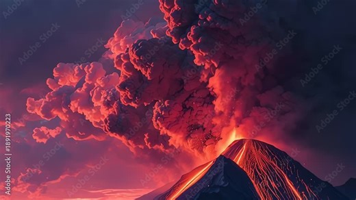 Dramatic Volcano Eruption Spewing Ash and Lava at Sunset