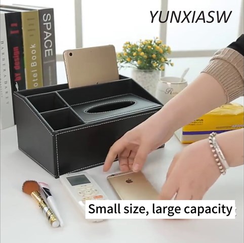 Tissue Box Cover- PU Leather Tissue Box Holder-Multifunctional Tissue Box Organizer Cover Hold with Storage Fashion for Vanity Toilet Countertop Office Bathroom Kleenex Box Cover-Black