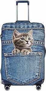 Cute Cat Luggage Covers Funny Pocket Cat Kitten Kitty Blue Denim Suitcase Covers for Luggage Washable Travel Carry On Cover with Zipper Luggage Protector for Suitcase 25-28 Inch