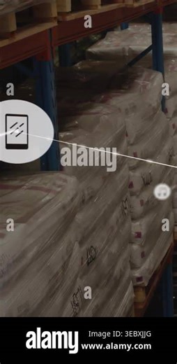 Vertical video: Cam moving storage causing phone note icons linking lines mapping stock over bags. Pallets, sacks, warehouse, racks, overlay, network, vertical video Stock Video Footage - Alamy
