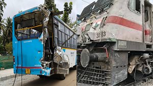 30K views · 589 reactions | “BMTC Bus Hit by Superfast Express Near Hoodi, Conductor Injured; Train Services Restored After Disruption” | Gulbarga Ki Awaaz | Facebook