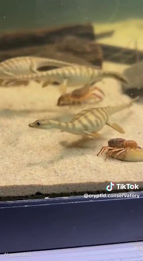 Plesiopterus striatus (commonly known as the Striped Mini Plesiosaur) Habitat: Brackish estuaries and shallow coastal inlets; maintained in controlled estuarine research enclosures. Diet: Small invertebrates, organic debris, and opportunistically scavenged crustacean tissue. Behavior: An extremely miniaturized plesiosaur descendant forming calm groups of a few individuals. Adults average approximately 10 cm in length and exhibit precise neck-driven probing behavior. Yellow-tan coloration with ir