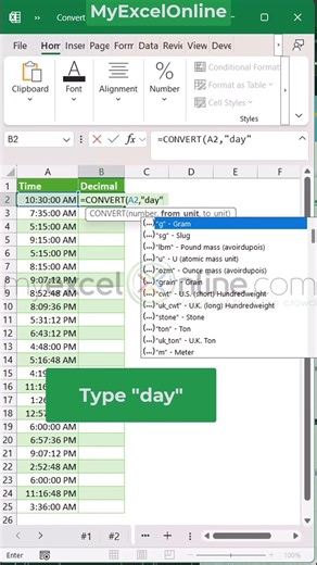 Convert time to decimal in Excel 💪🏻 #excel #myexcelonline #shorts