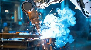 A robotic arm performs welding in an industrial setting, creating sparks as it works on metal, showcasing advanced manufacturing technology. Stock Video