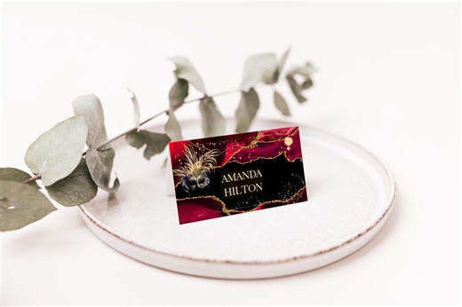 Burgundy Gold Dinner Place Card Template, Editable Food Card, Masquerade Theme Party, P56 - Etsy
