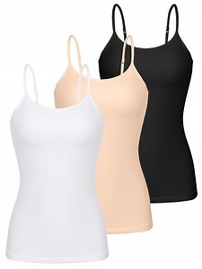 Charmo Womens 3-packs Cotton Scoop Neck Tank Tops Adjustable Spaghetti Strap Undershirts with Shelf Bra