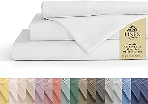 Linen Home 100% Cotton Percale Sheets California King Size, White, Deep Pocket, 4 Pieces Set - 1 Flat, 1 Deep Pocket Fitted Sheet and 2 Pillowcases, Crisp Cool and Strong Bed Linen