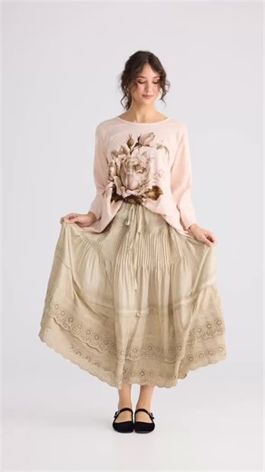 The beginning of our new collection - the skirt “a Date with Mabel “ Is first on the scene ! We call it our Tea skirt - perfect for high tea with china cups and cucumber sandwiches , delicate little cakes and scones with jam & cream . Tshirt coming end of November 🤎 | Miss Rose Sister Violet