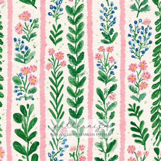 Pink Floral Stripe Seamless Pattern – Painted Cottage Flowers in Vintage Pink Ribbons, Digital Paper for Crafts & Fabric - Etsy
