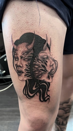 Demon girl tattoo for Beau! What a cool piece to start the year 🥰 Currently taking bookings via the link in my bio 🖤 #tattooideas #femaletattooartist #demongirl #darktattoo #horrortattoo