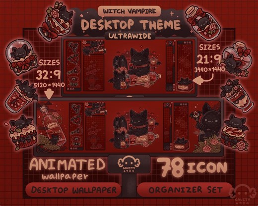 Bat Witch Vampire Maroon Ultrawide Desktop Theme Wallpaper Organizer Set: Animated Folder Icons - Etsy