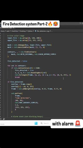 Innovate Tech Learning on Instagram: "Fire detected = Alarm triggered 🔥🚨 Upgraded my Fire Detection System with a real alert sound using Python + OpenCV. Part 2 just got serious. Follow @InnovateTechLearning for daily real-world AI builds 🚀🔥 #PythonOpenCV #FireDetection #AlarmSystem #ComputerVision #SafetyTech RealLifeAI TechReels InnovateTechLearning"