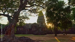 .The beautiful stone castle in Phimai historical park. Prasat Hin Phimai ancient Khmer Temple in Nakhon Ratchasima Thailand. .Phimai stone castle built from laterite stone in Angkorian period arts