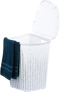 Designed Corner Laundry Hamper with Lid, Curved Plastic Laundry Basket, Triangle White Cloths Hamper Organizer with Cut-out Handles for Laundry Room Bedroom Bathroom, Wicker Design, 50 Liter