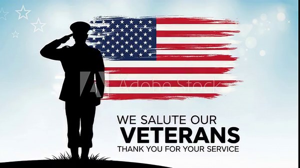 Full Body Veteran Soldier Silhouette Saluting American Flag with We Salute Our Veterans Message